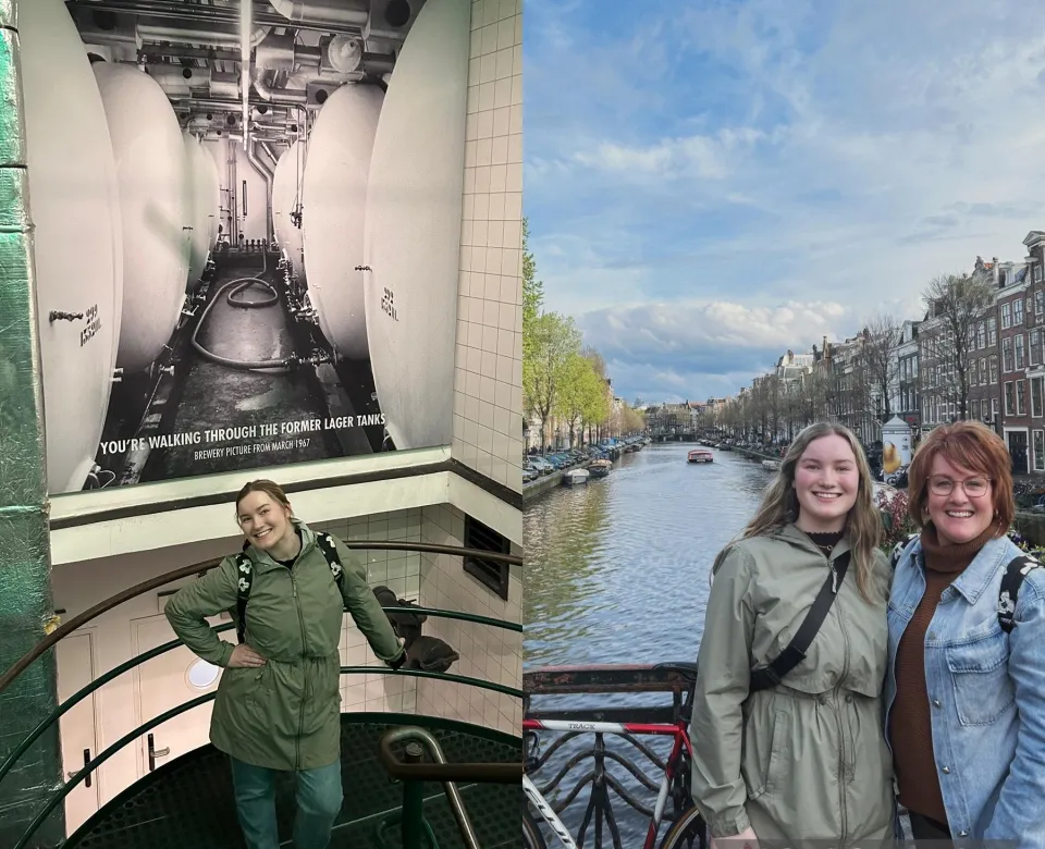 Two shots; one a student in front of a photo in a museum the other of the student with their mother on a bridge over a river