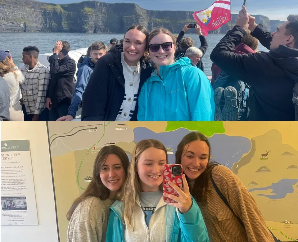 Two shots; one of students on a boat by the mountain edge, the other a mirror shot of three students