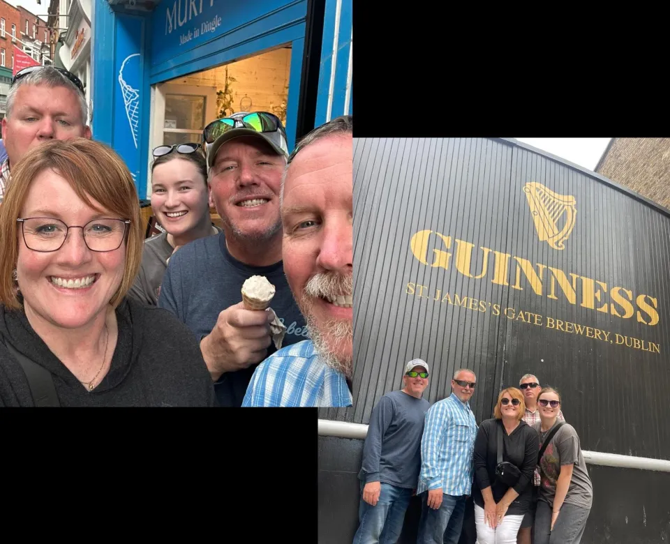 Two shots; one of a family at an ice cream shop and the other Infront of the Guinness brewery in Dublin.