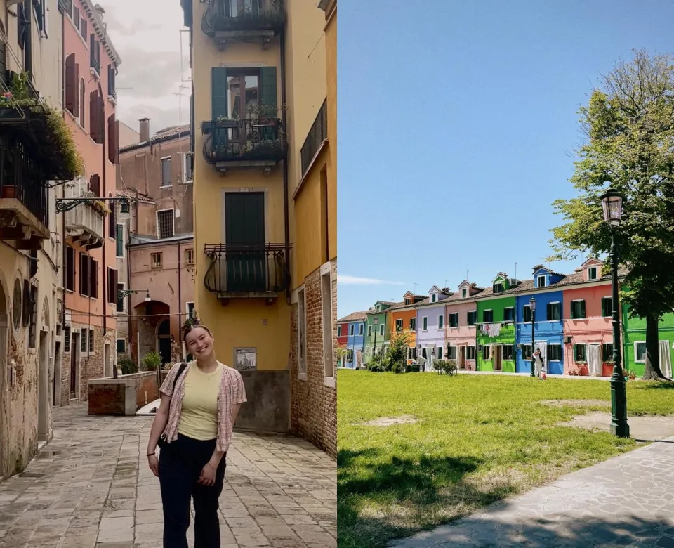 Two shots; one of a student in an Italian alleyway, the other of colorful houses on a street