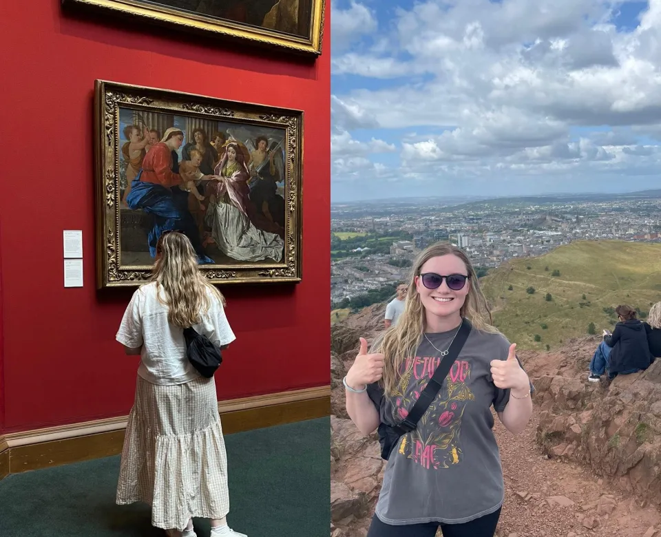 Two shots; one of student in an art museum and the other of them on top of a hill overseeing the city