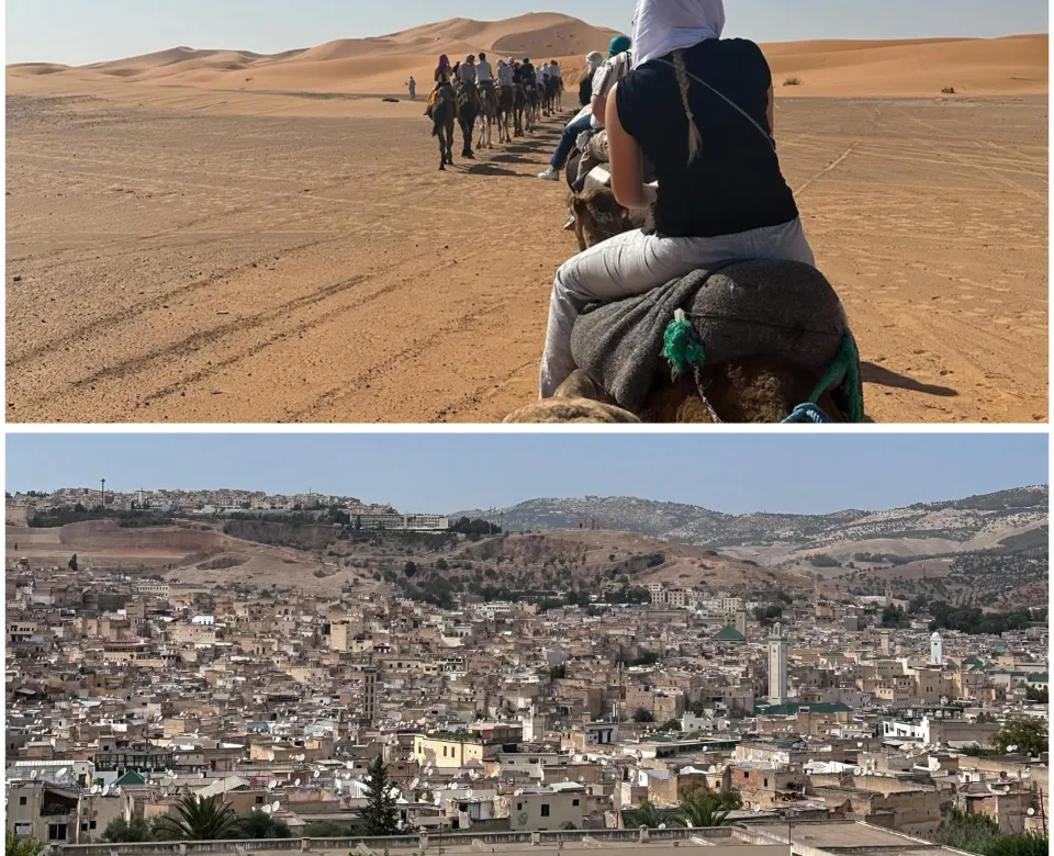 Two shots; one of a person riding a camel and the other of a skyline of an Arabian city