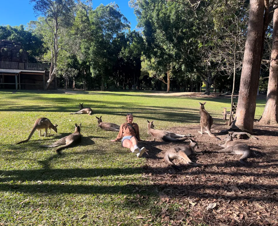 Student laying on the ground surrounded by Kangaroos