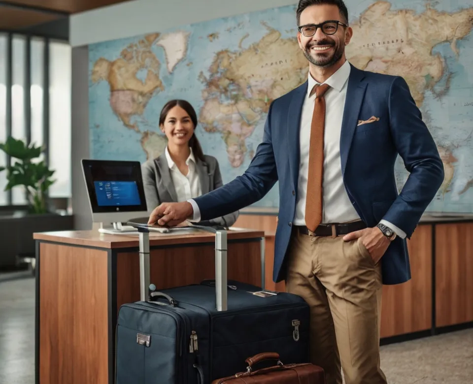 Woman helping traveler with plans and a world map in the background