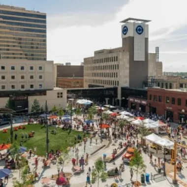 aerial view of Red River Market in downtown Fargo