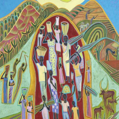 A print featuring african figures and motifs by Betty LaDuke. This image links to the artists website.