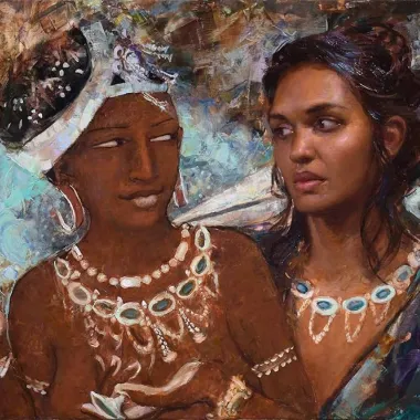 A painting featuring two women staring at each other. One is a modern woman and the other is painted in an old style. This image links to the artists website.