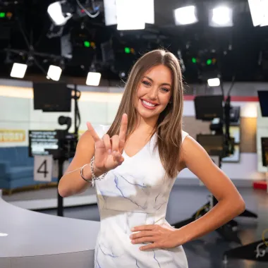 Sophia Richards on the set of North Dakota Today giving Bison horns