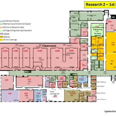 Diagram of building R2 first floor with room assignments