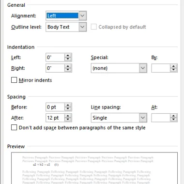 Equation paragraph settings.