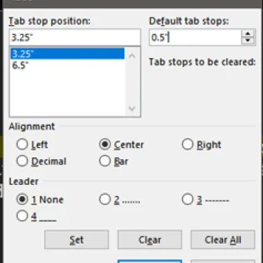 Tab settings for the first tab stop to center an equation