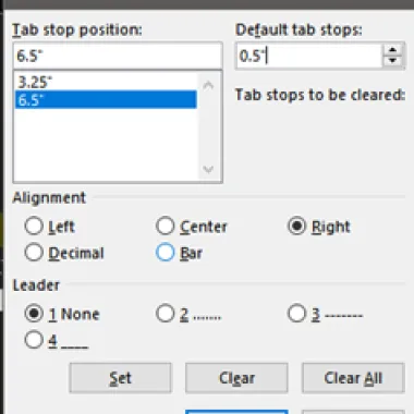 Tab settings for the second tab stop to place the equation number flush with the right margin