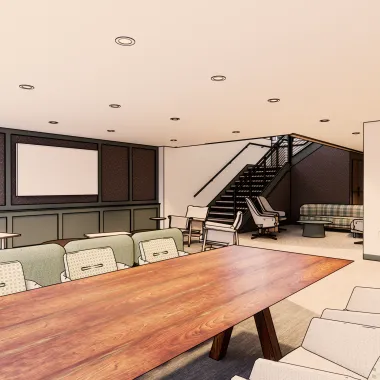 Basement lounge featuring various tables and seating options in the basement