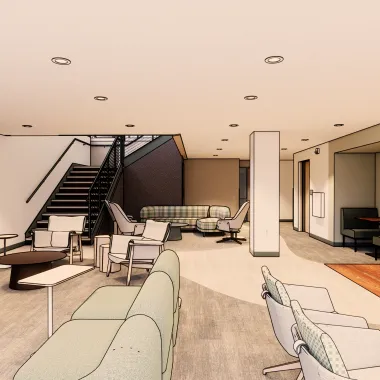 Basement lounge featuring various tables and seating options in the basement