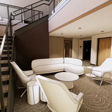 In the basement looking up the stairs. Includes a view of furniture right by the stairs