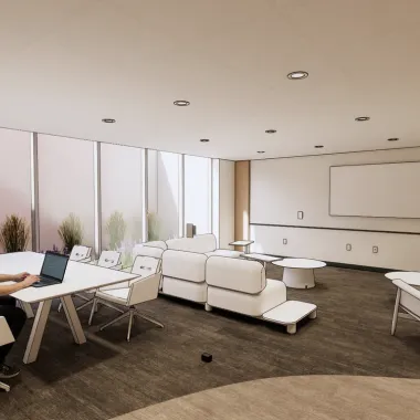 Basement lounge featuring various tables and seating options in the basement