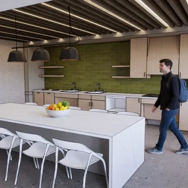 Large open-concept kitchen featuring a large island with chairs and and kitchen appliances lined on the wall
