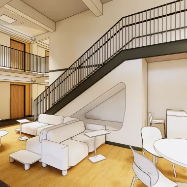 In between two floors there is a "house" lounge that has stairs going down from one level to the next.