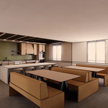 Lounge area in the lobby with the kitchen in the background