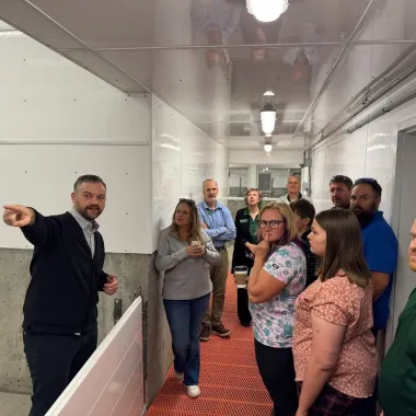 People take a tour of the swine barn.