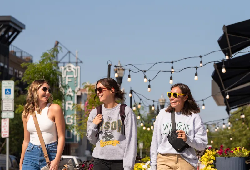 students walking in downtown Fargo