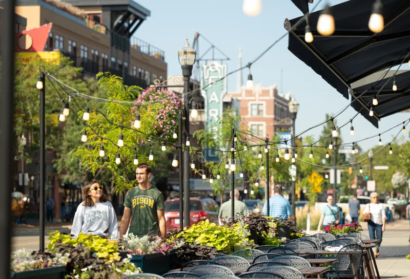 students walking in downtown Fargo