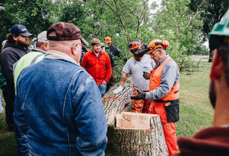 A group of people gathered around a man in protective orange gear talking about a tree that has been cut down