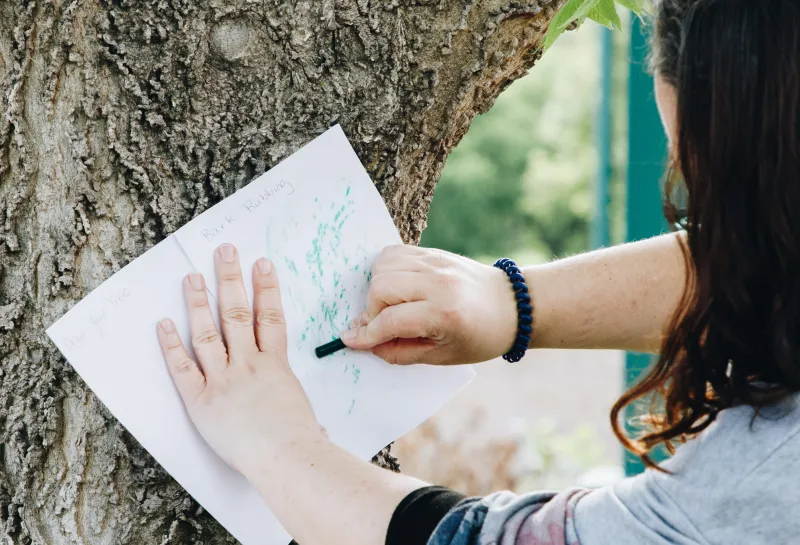 A woman rubs a crayon on a piece of paper on a tree to capture the bark texture