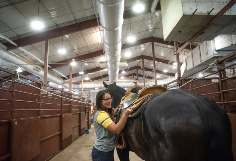 NDSU student with horse in equine center