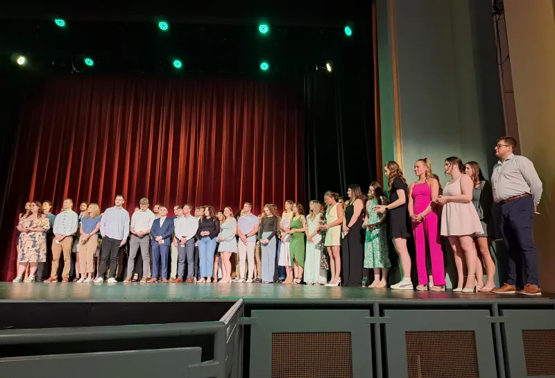 Large group of students on stage at the Spring 2024 SoDAA Sendoff.