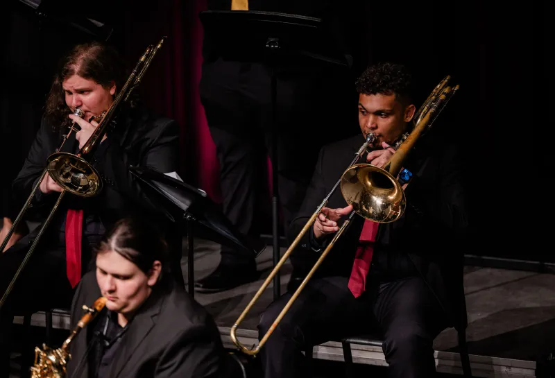 Trombone students performing with the NDSU Jazz Ensemble