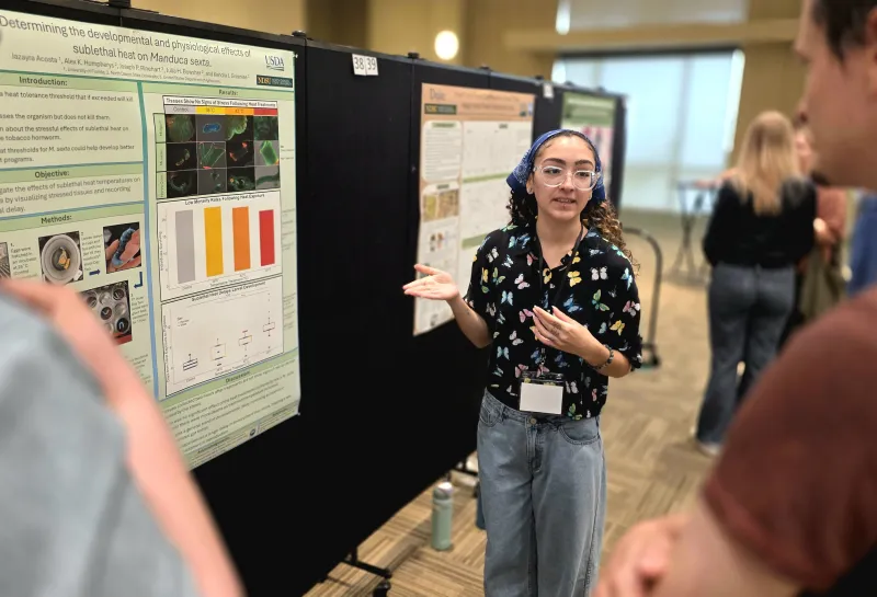 2026 summer REU students present their work at a poster session.