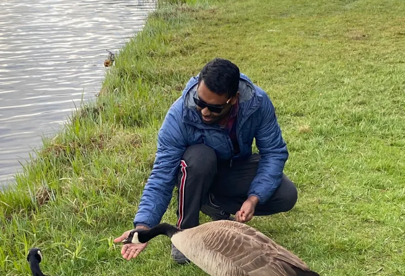 Sekhar feeding geese next to a pond.