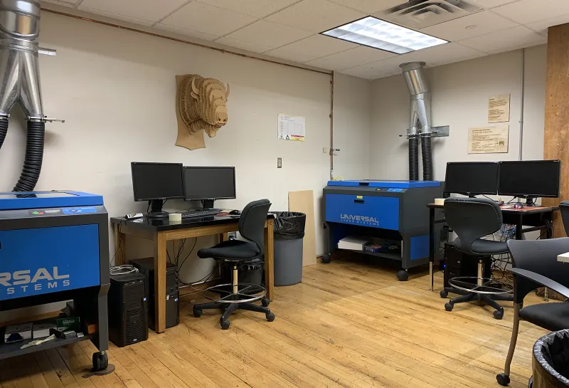 LAAVA lab with equipment, tables, chairs and computers.