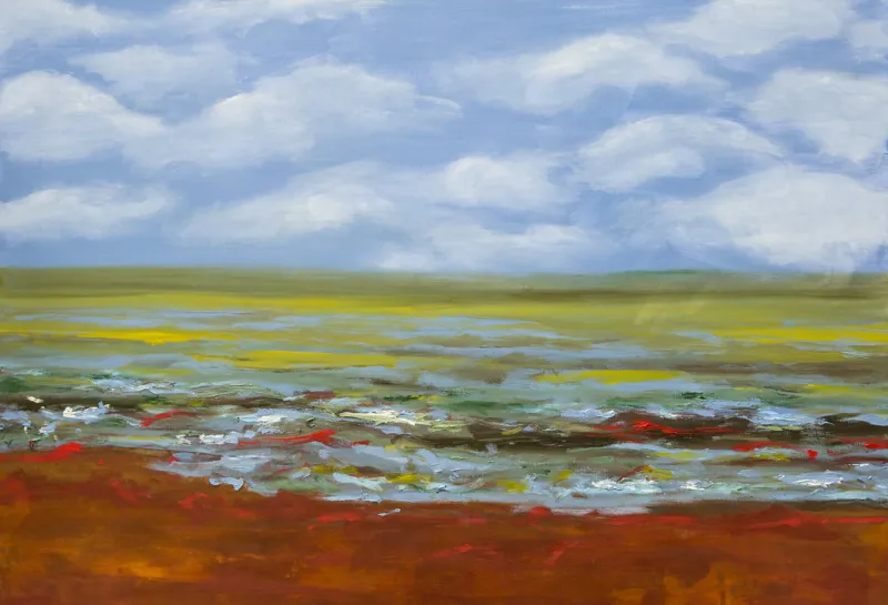 Mixed media on canvas titled, 'Neighbors.'