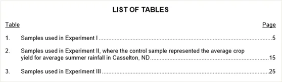 Example list of tables