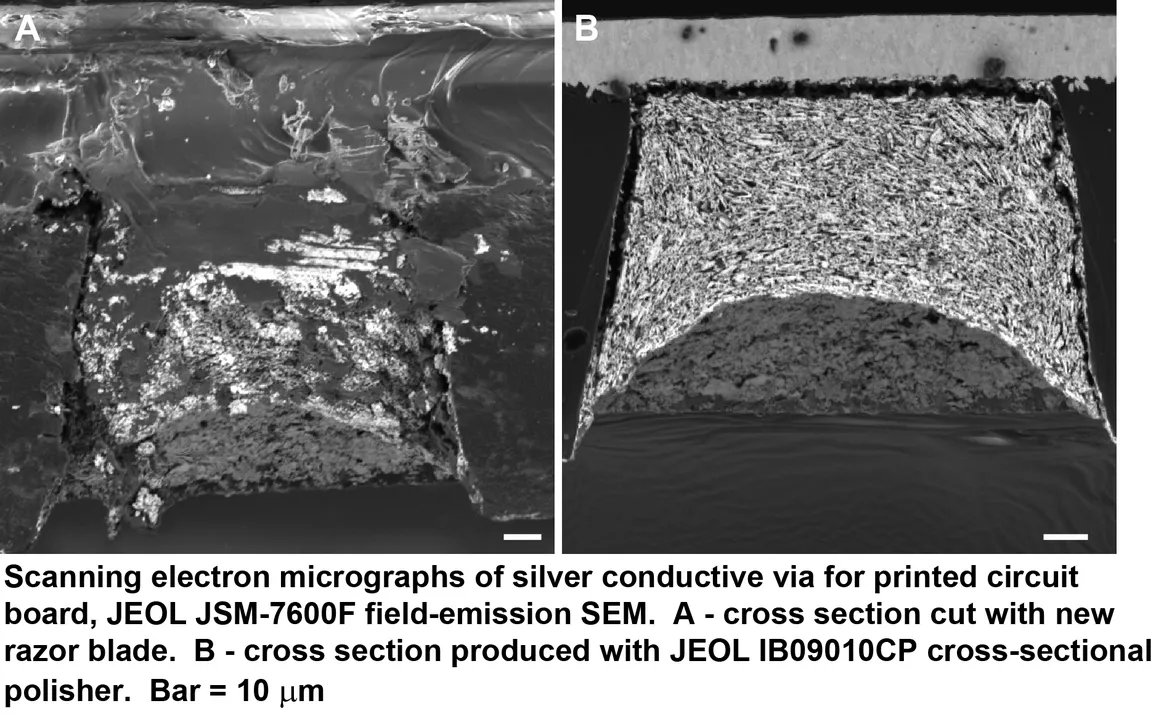 scanning electron micrographs of silver conductive via for printed circuit board