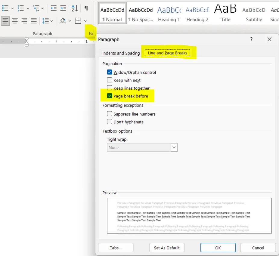 Enable the "page break before" setting