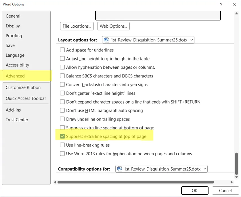 Suppress line spacing at the top of pages