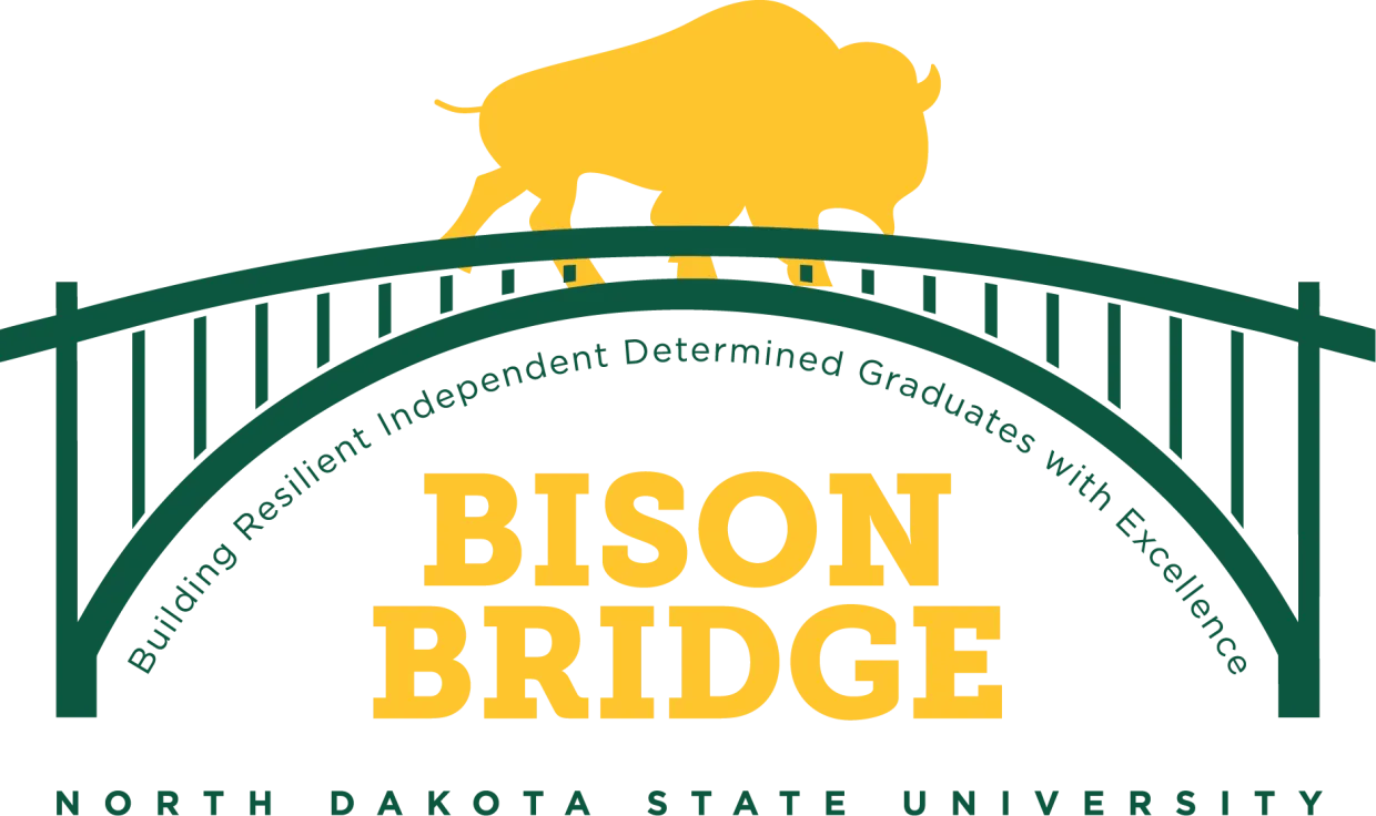 Yellow Bison walking across green bridge with caption, BISON BRIDGE: Building Resilient Independent Determined Graduates with Excellence.