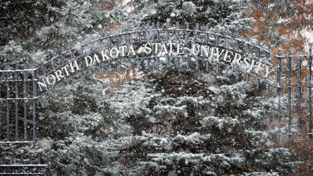 North Dakota State University main gate on a winter day
