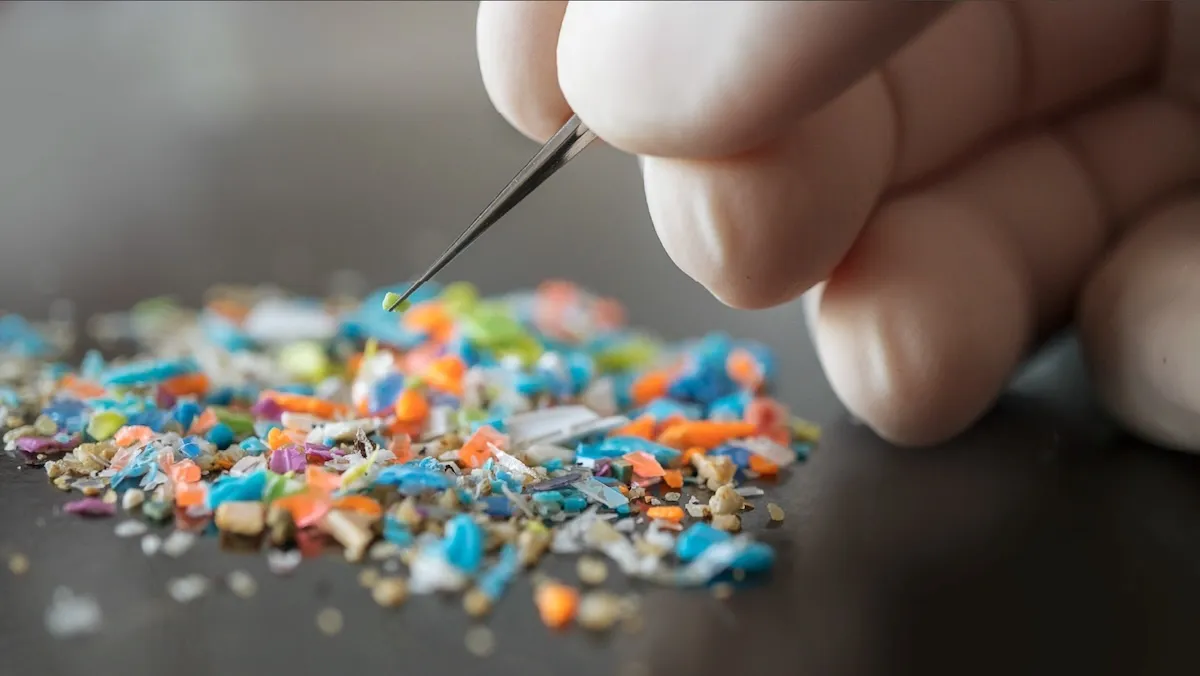 Microplastics and a hand with tweezers.