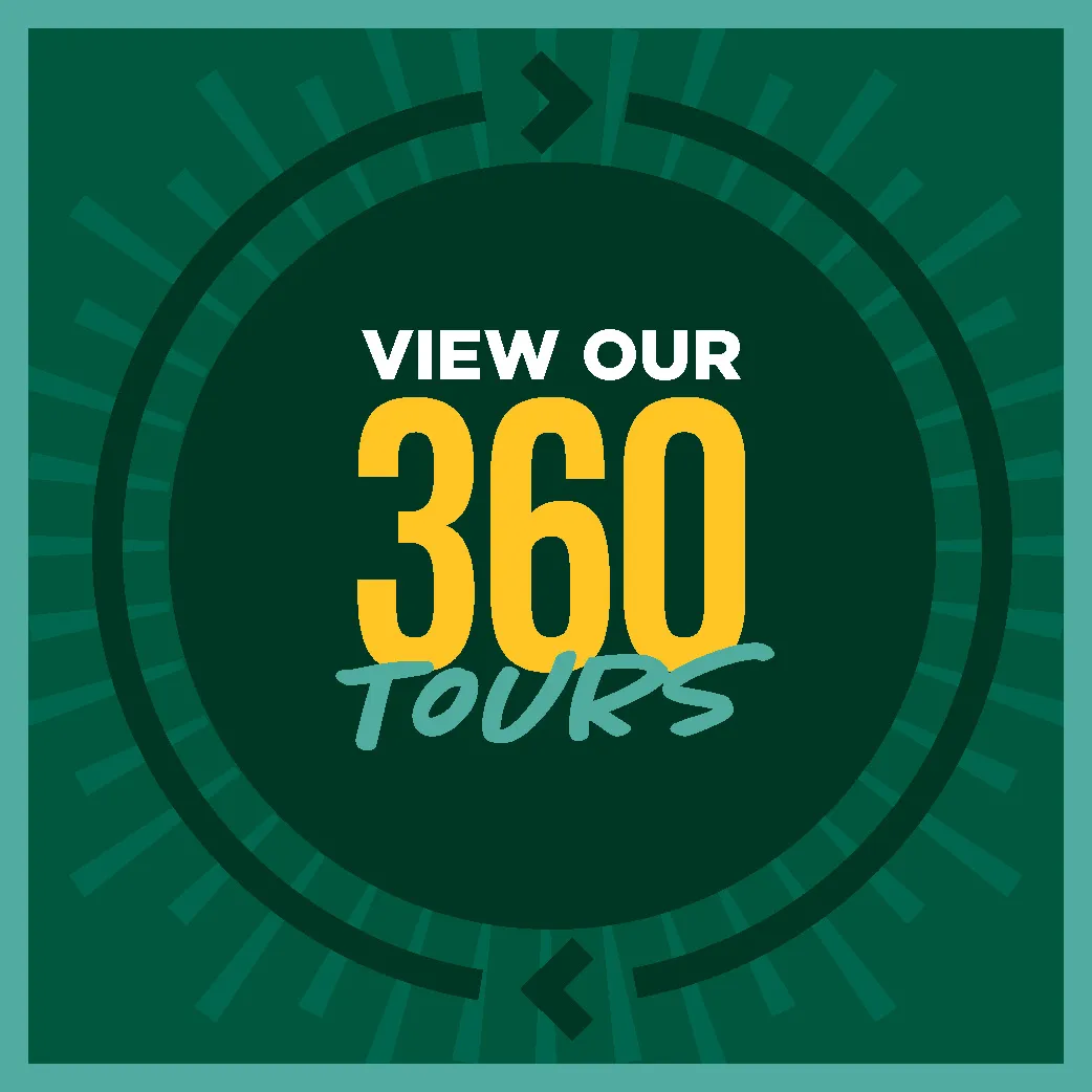 graphic design for view our 360 tours with a dark green background