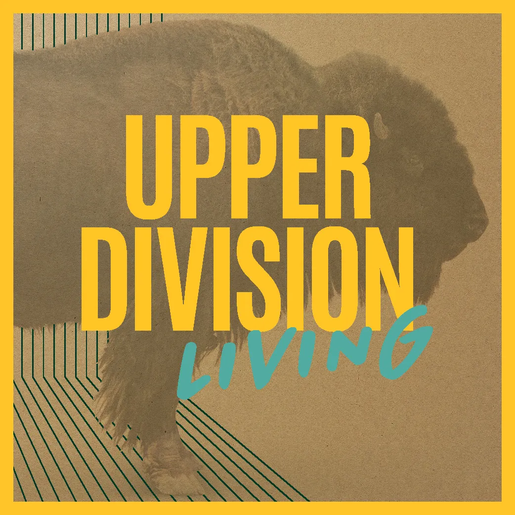 graphic featuring a bison on a tan background with upper division living written in yellow