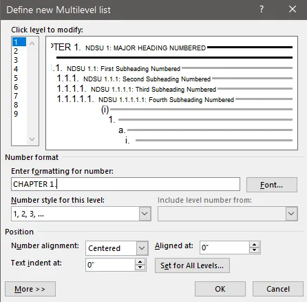 Right-click any section number and click "Adjust List Indents" to edit the formatting for section numbers.