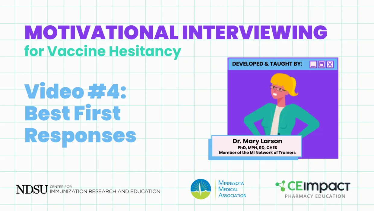 A thumbnail titles "Motivational Interviewing for Vaccine Hesitancy. Video #4: Best first responses."