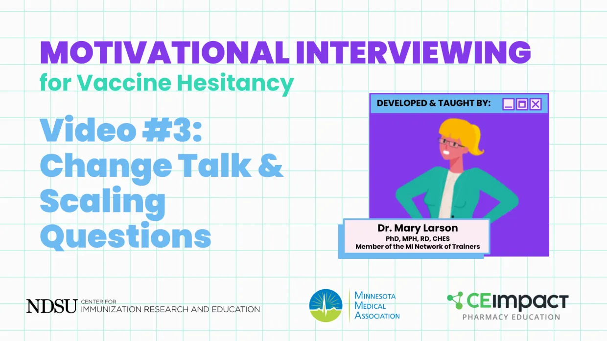 A thumbnail titled "Motivational interviewing for vaccine hesitancy. Video #3: change talk and scaling questions."