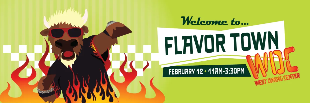 Flavor Town WDC themed meal featuring an illustrated bison with blonde hair and a black shirt with flames.