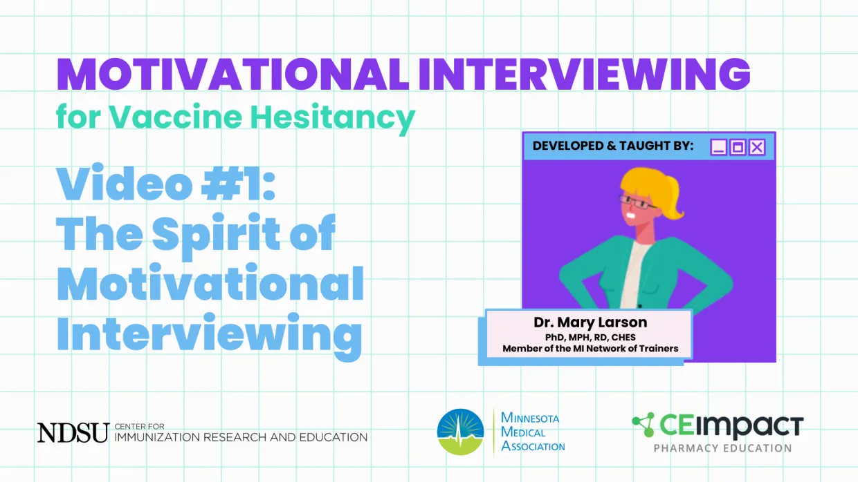A thumbnail titled "motivational interviewing for vaccine hesitancy. Video #1: the spirit of motivational interviewing"