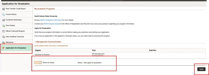 Application for Graduation screen with navigation, Select to Apply selection button, and Apply button highlighted.